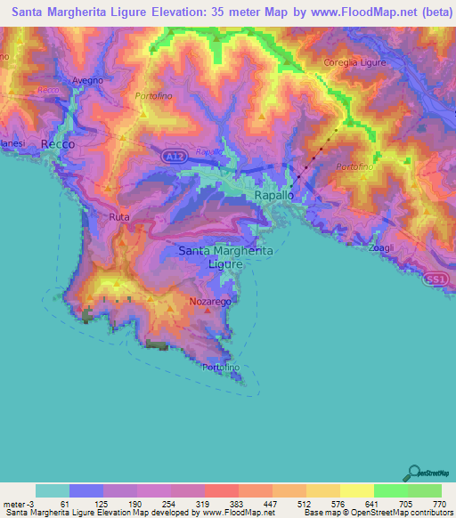 Santa Margherita Ligure,Italy Elevation Map