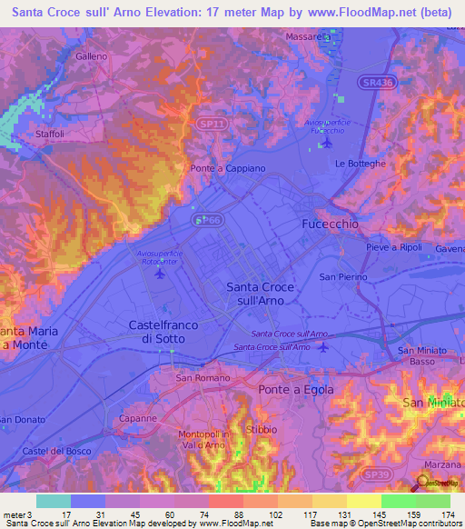 Santa Croce sull' Arno,Italy Elevation Map