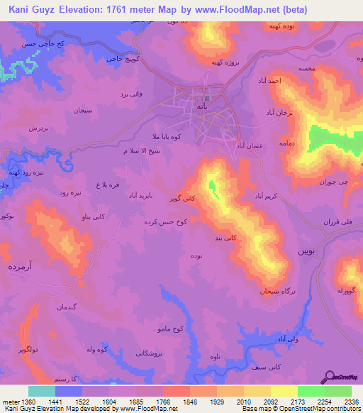 Kani Guyz,Iran Elevation Map