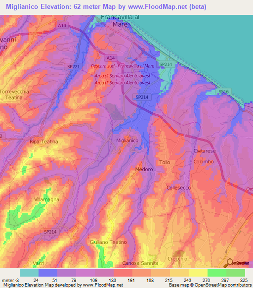 Miglianico,Italy Elevation Map