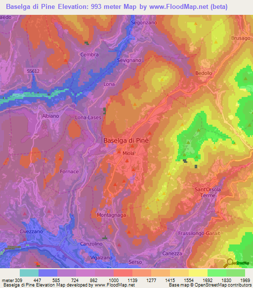 Baselga di Pine,Italy Elevation Map