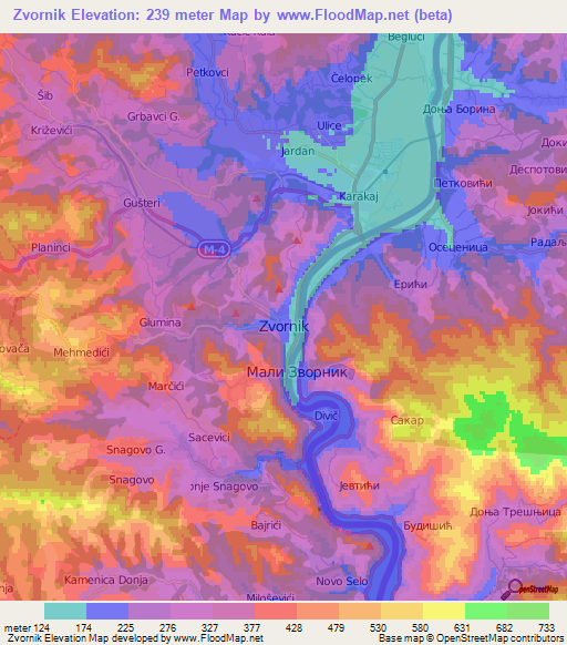 Zvornik,Bosnia and Herzegovina Elevation Map