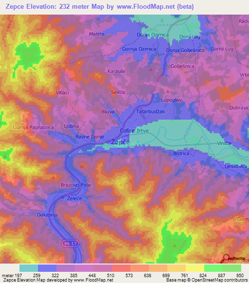 Zepce,Bosnia and Herzegovina Elevation Map