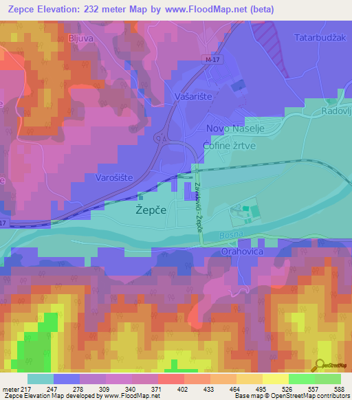 Zepce,Bosnia and Herzegovina Elevation Map
