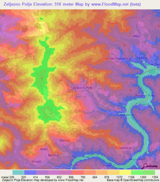 Zeljezno Polje,Bosnia and Herzegovina Elevation Map