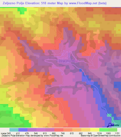 Zeljezno Polje,Bosnia and Herzegovina Elevation Map
