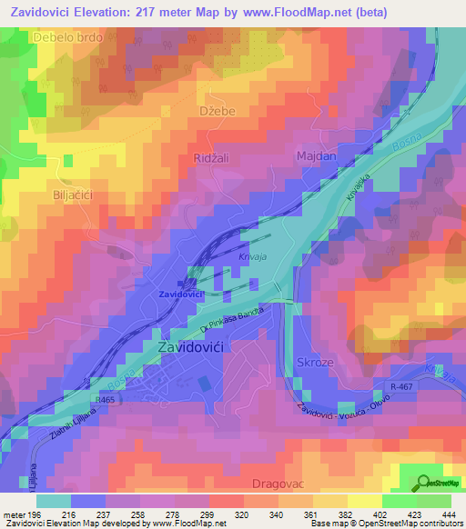 Zavidovici,Bosnia and Herzegovina Elevation Map
