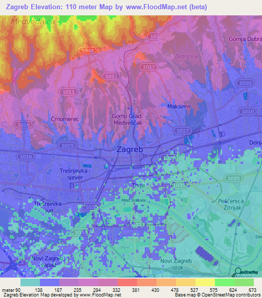 Zagreb,Croatia Elevation Map