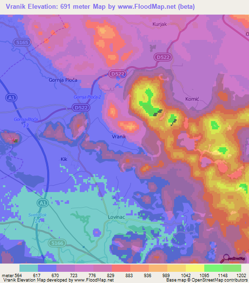 Vranik,Croatia Elevation Map