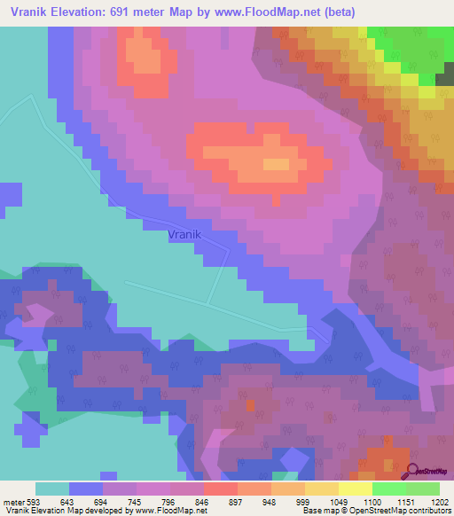 Vranik,Croatia Elevation Map