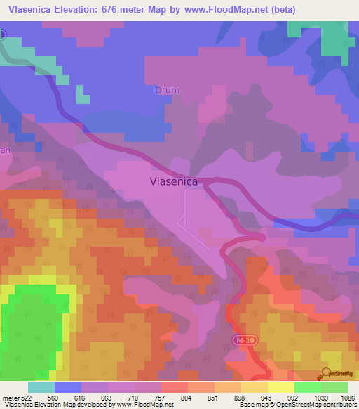 Vlasenica,Bosnia and Herzegovina Elevation Map