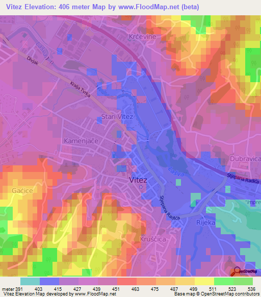 Vitez,Bosnia and Herzegovina Elevation Map