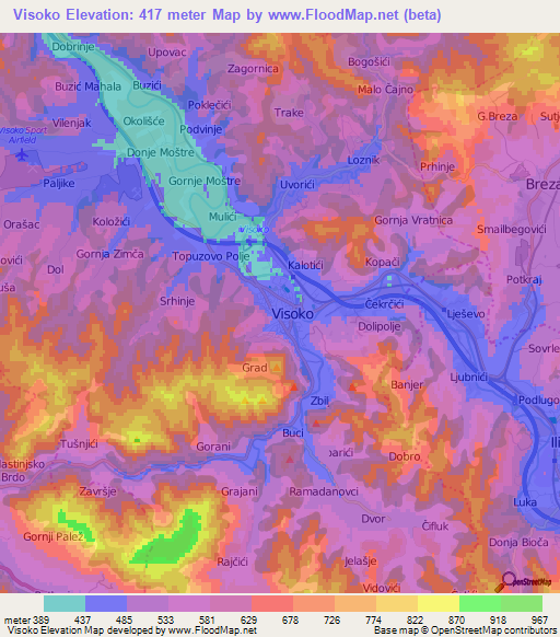 Visoko,Bosnia and Herzegovina Elevation Map