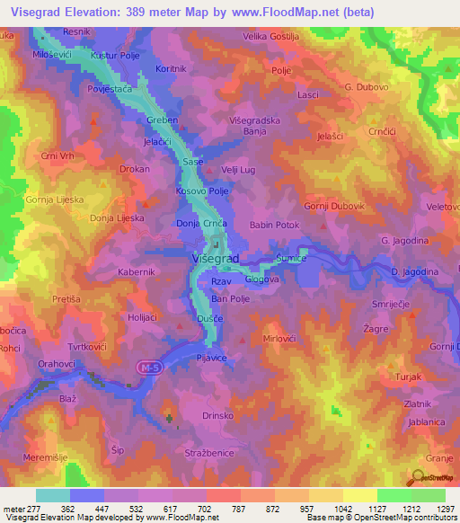 Visegrad,Bosnia and Herzegovina Elevation Map