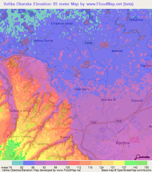 Velika Obarska,Bosnia and Herzegovina Elevation Map