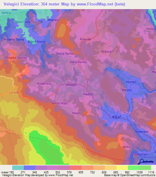 Velagici,Bosnia and Herzegovina Elevation Map