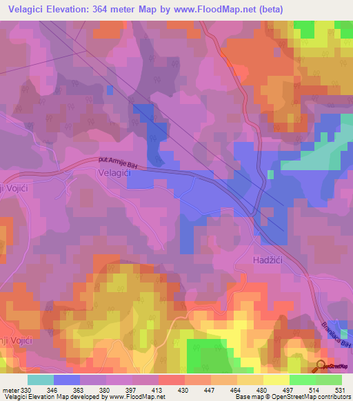 Velagici,Bosnia and Herzegovina Elevation Map