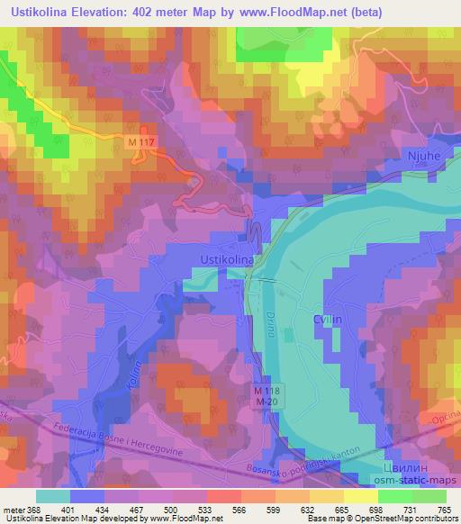 Ustikolina,Bosnia and Herzegovina Elevation Map