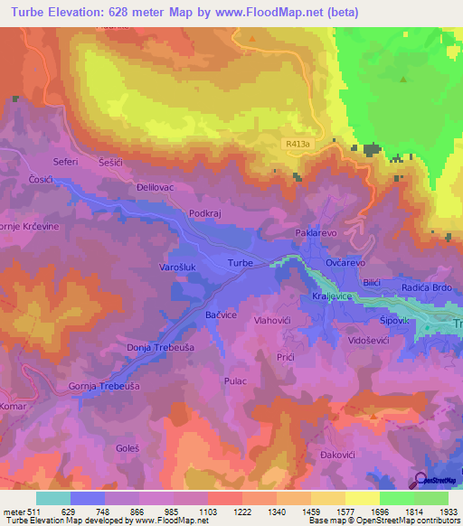 Turbe,Bosnia and Herzegovina Elevation Map