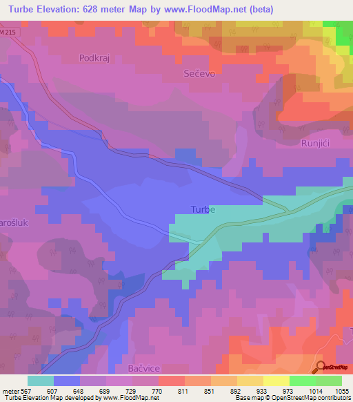 Turbe,Bosnia and Herzegovina Elevation Map