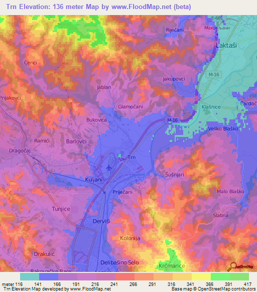 Trn,Bosnia and Herzegovina Elevation Map