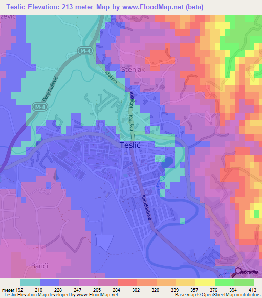 Teslic,Bosnia and Herzegovina Elevation Map