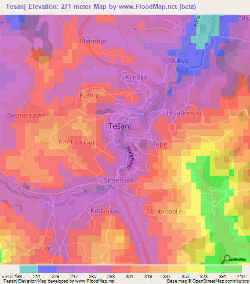 Tesanj,Bosnia and Herzegovina Elevation Map