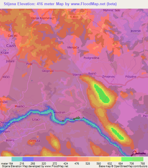 Stijena,Bosnia and Herzegovina Elevation Map