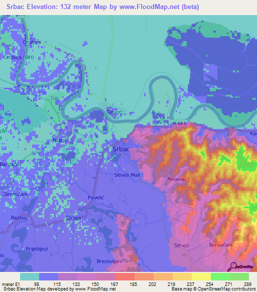 Srbac,Bosnia and Herzegovina Elevation Map