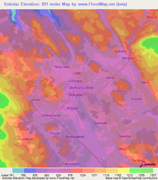 Sokolac,Bosnia and Herzegovina Elevation Map