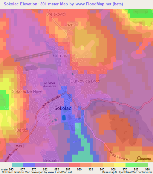 Sokolac,Bosnia and Herzegovina Elevation Map