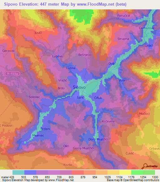 Sipovo,Bosnia and Herzegovina Elevation Map