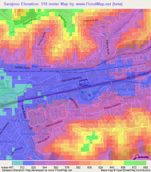 Sarajevo,Bosnia and Herzegovina Elevation Map