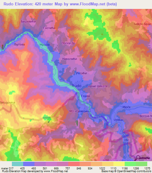Rudo,Bosnia and Herzegovina Elevation Map