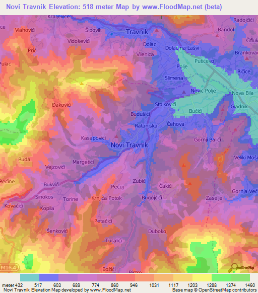 Novi Travnik,Bosnia and Herzegovina Elevation Map