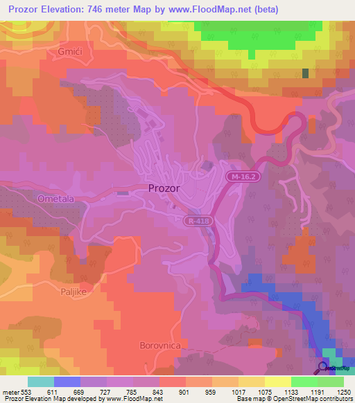 Prozor,Bosnia and Herzegovina Elevation Map