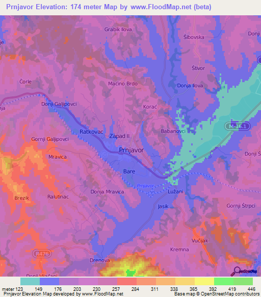 Prnjavor,Bosnia and Herzegovina Elevation Map