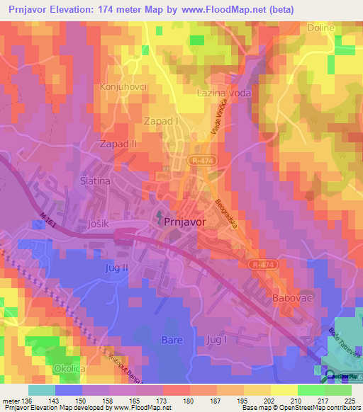 Prnjavor,Bosnia and Herzegovina Elevation Map