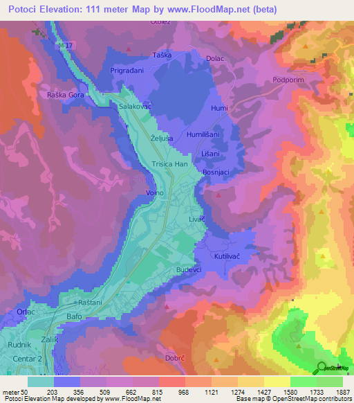 Potoci,Bosnia and Herzegovina Elevation Map
