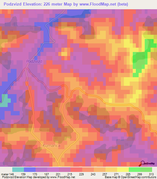 Podzvizd,Bosnia and Herzegovina Elevation Map