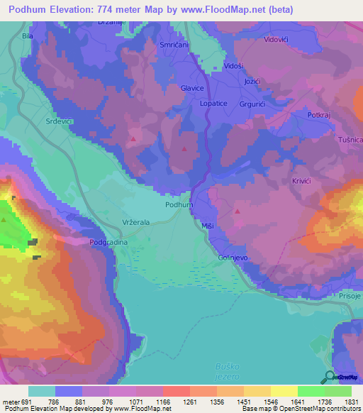 Podhum,Bosnia and Herzegovina Elevation Map