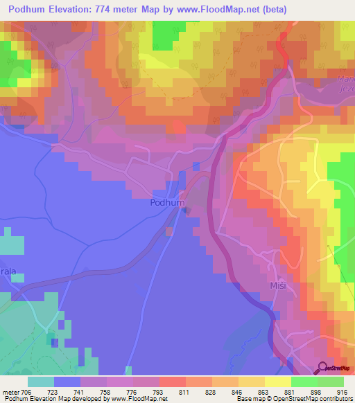 Podhum,Bosnia and Herzegovina Elevation Map