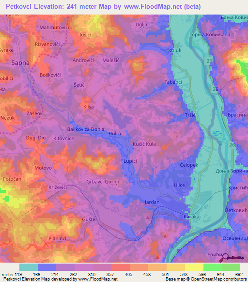 Petkovci,Bosnia and Herzegovina Elevation Map
