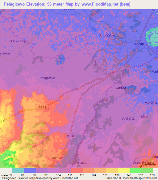 Pelagicevo,Bosnia and Herzegovina Elevation Map
