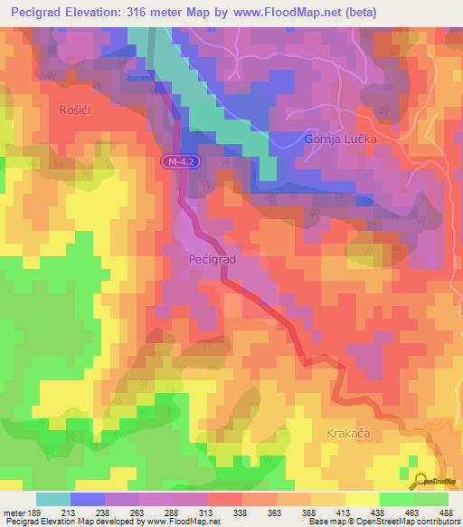 Pecigrad,Bosnia and Herzegovina Elevation Map