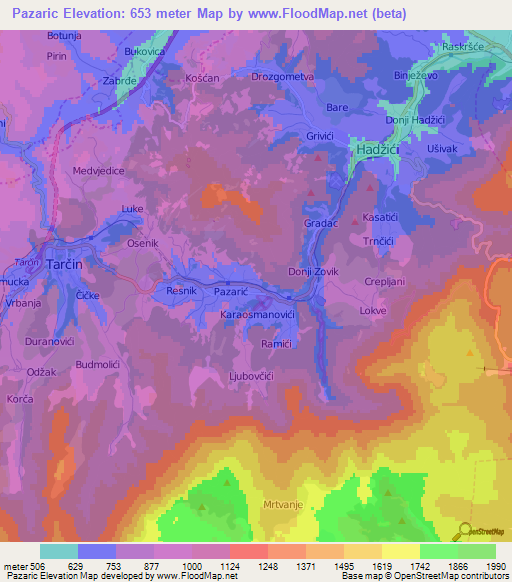 Pazaric,Bosnia and Herzegovina Elevation Map