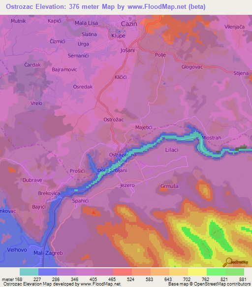 Ostrozac,Bosnia and Herzegovina Elevation Map