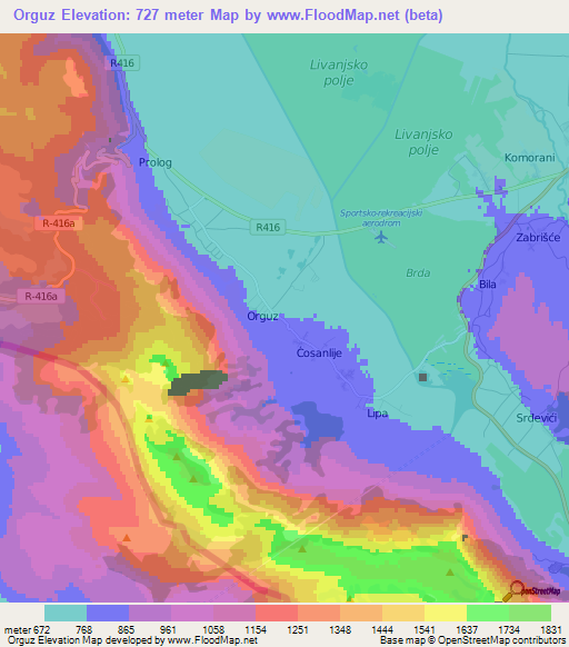 Orguz,Bosnia and Herzegovina Elevation Map
