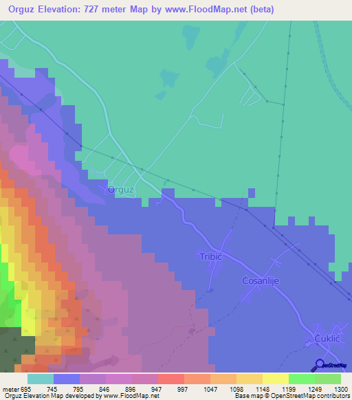 Orguz,Bosnia and Herzegovina Elevation Map