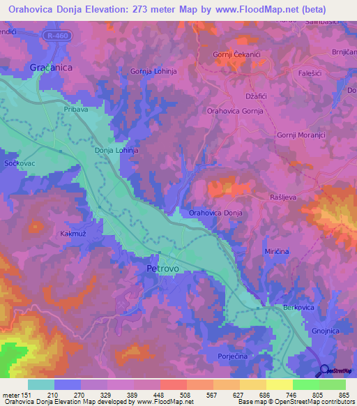 Orahovica Donja,Bosnia and Herzegovina Elevation Map